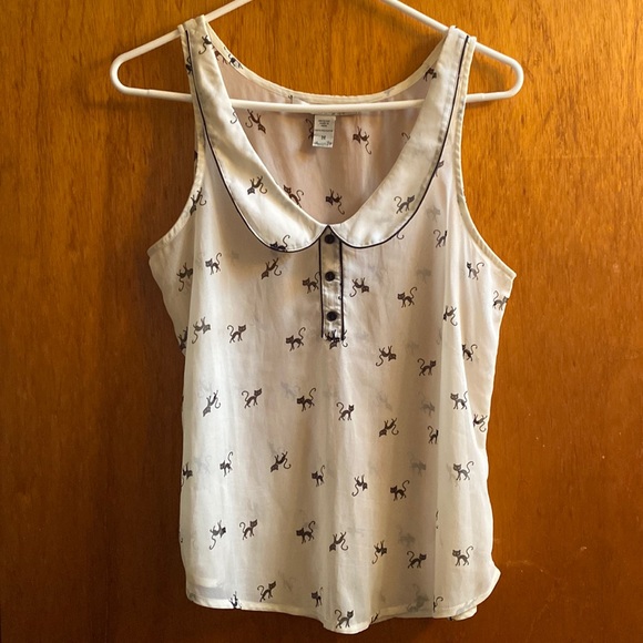 American Rag Black Cat Print Sheer Sleeveless White Top - Picture 1 of 3